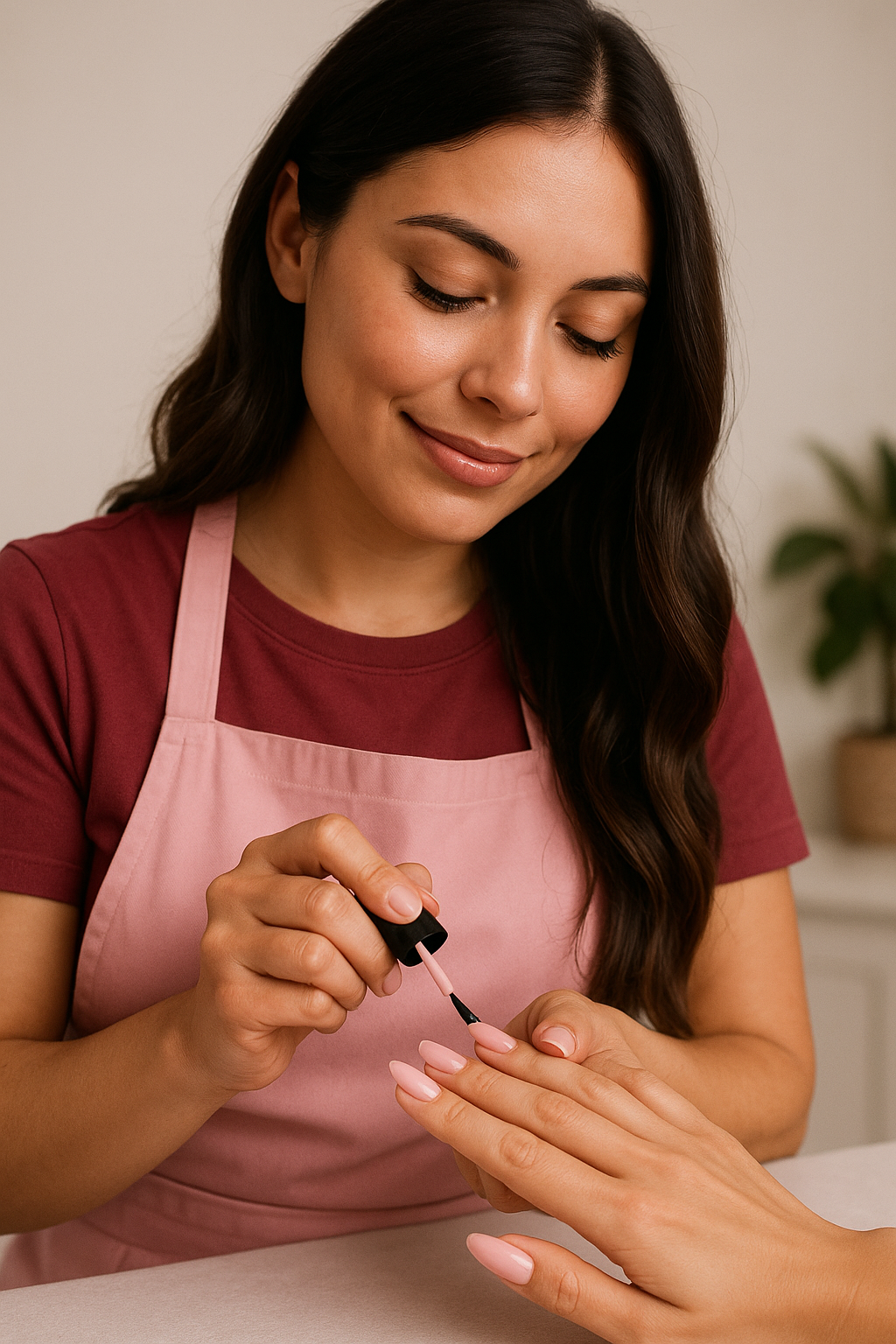 Cliente sorrindo enquanto faz as unhas com uma profissional NailNow